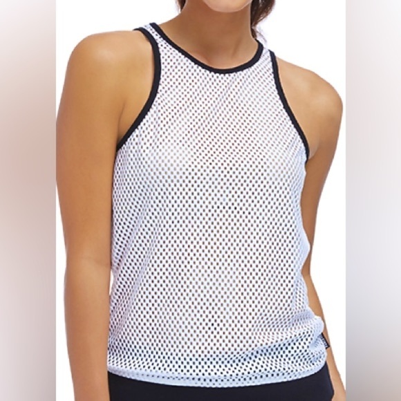Fabletics Cayman Racerback Tank Top Soft White Mesh with Black Edges and Hem Med - Picture 3 of 7